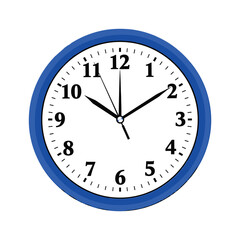 Blue framed wall clock with a white face, indicating approximately ten past ten, isolated on a clean background