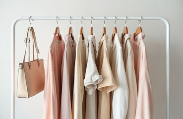 Minimalist pastel clothes hang on a white garment rack. A beige handbag rests on the side. This scene suggests modern women fashion, style, and a clean aesthetic for blogs or social media.