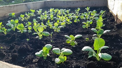 Fresh Green Seedlings Growing in a Raised Garden Bed in the Sunlight