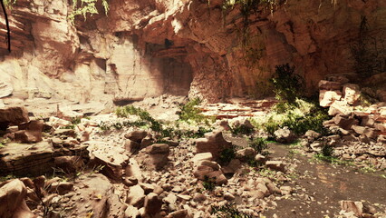 Wander through a tranquil canyon where sunlight filters down through rocky formations, illuminating vibrant green foliage amid scattered stones and earthy textures. Nature thrives in this serene spot.