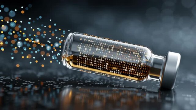 Macro shot therapeutic antibody solution inside micro vial with digital molecular code overlay floating above, monoclonal antibody therapy