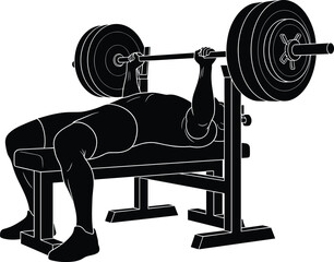 Silhouette of athlete performing heavy bench press exercise on gym bench, strength workout, muscle training, bodybuilding movement, fitness barbell lifting illustration