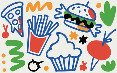 Colorful Doodle Style Food and Abstract Shapes on Cream Background