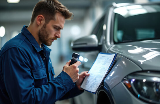 Young bearded male auto mechanic inspects car condition in modern garage. Uses flashlight to carefully check detailed maintenance checklist document. Pro tech performs thorough vehicle inspection