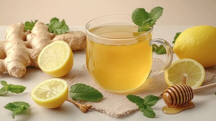 Relaxing Herbal Tea With Lemon, Ginger, Honey, and Fresh Mint Leaves