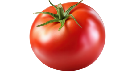 Fresh red tomato with green stem displayed on a white background, perfect for salads and cooking.
