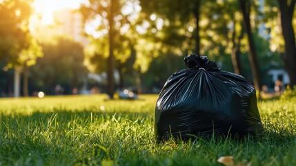 Black garbage bag on green grass in the park