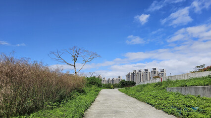 Taipei City, Taiwan. November 15, 2025. Scenic riverside riding U-Bike cycling path in Xindian with open green landscape and clear sky creating a relaxing eco-friendly outdoor atmosphere