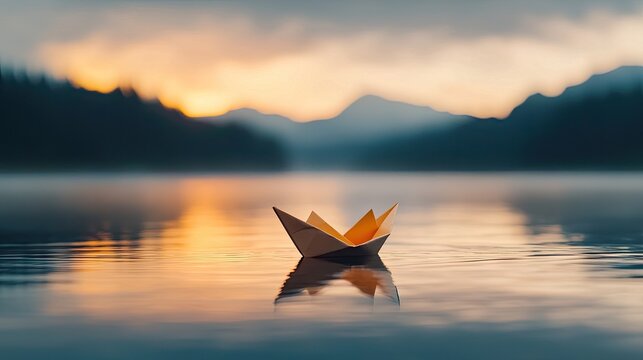 A small folded paper boat floats gently on a calm lake at sunrise with misty mountains in the background and soft orange light illuminating the water creating a serene and peaceful atmosphere