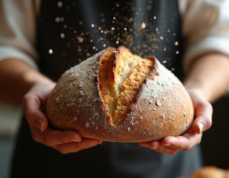 Artisan baker holds loaf of sourdough bread. Fresh baked bread, floured surface, crusty texture. Culinary expert presents loaf. Baker woman presents bread with love, care. Handcrafted bakery product.