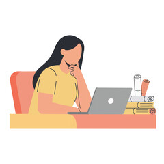 Focused Woman Working Online – Remote Work and Learning Illustration. Element design. Clip art. Vector illustration. Suitable for artwork design.