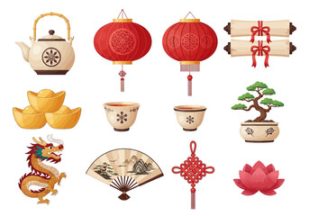 Collection of twelve distinct icons representing traditional Chinese cultural objects on a white background