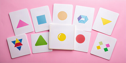 Colorful shape cards for children's learning and educational play on pink background