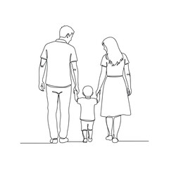 Continuous line drawing of parents and child walking together, showcasing family unity and strong bond.