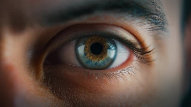 Close-up eye detail with intricate iris patterns and a glimpse of human emotion