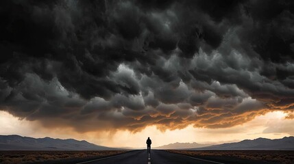 A Solitary Figure Stands on an Empty Road Facing a Dramatic Approaching Storm with Dark Ominous Clouds and Golden Sunset Light Breaking Through the Horizon Over a Distant Cityscape