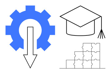 Education concept. Education ed by a gear system, graduation cap, and puzzle blocks. Education fostering learning, problem-solving, and innovation. For schools, e-learning and career growth