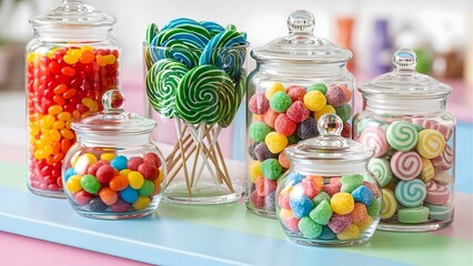 Assorted candy jars collection colorful sweet treats for party favors and dessert table decorations