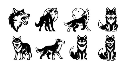 Collection of Stylized Wolf Illustrations in Black and White.