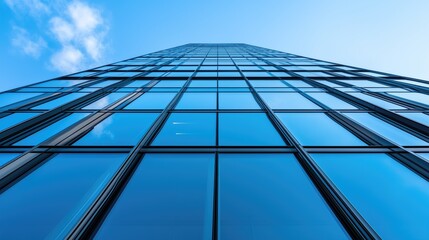 Upward perspective of a tall glass building with a vibrant reflection of the sky and clouds showcasing contemporary architecture.