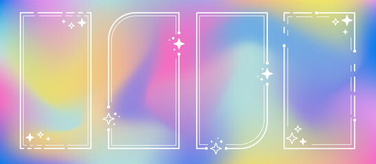 Set of retro line art frames with geometric shapes, decorated corners, and star details on the vivid colorful background. Outline borders in a retro 200s aesthetic for texts and images.