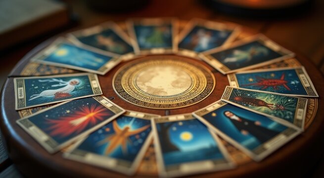 A close up of a table with a clock and a lot of cards