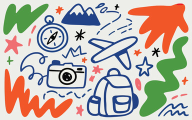 Naklejka premium Colorful Travel Doodles Backpack Camera Airplane Compass Mountains and Abstract Shapes