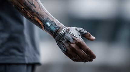 Man with a bionic arm and cybernetic implants. Future technology integrated with human body. Prosthetic limb with glowing circuits.