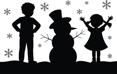 Silhouette of children standing beside snowman in winter scene, falling snowflakes, festive holiday atmosphere, joyful outdoor seasonal illustration for Christmas designs