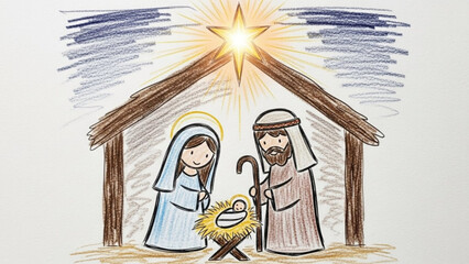 Charming Nativity scene illustration evokes the Christmas story with Mary, Joseph and baby Jesus under the star, perfect for holiday greeting cards