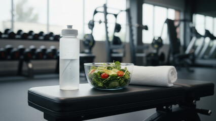 Healthy lifestyle concept with fresh salad, water bottle, and towel on a gym bench, symbolizing fitness and nutrition.