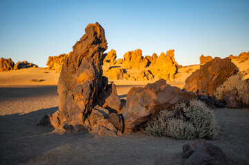 View of the San Jose Mines at sunset. Lunar landscapes at golden hour in Teide National Park,...