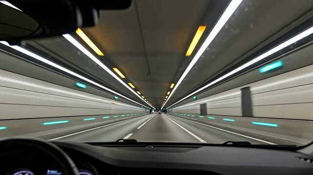 Driving Through An Illuminated Tunnel With Rows Of Lights And Green Traffic Signals Creating A Sense Of Forward Motion