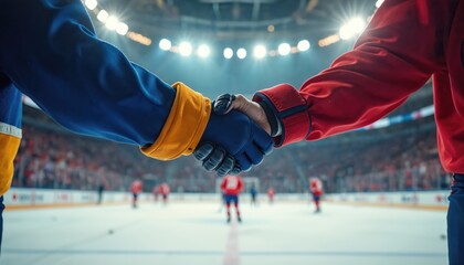 Two hockey players shake hands on ice rink in arena. Athletes display respect, good sportsmanship after fierce game. Opponent rivals show fair play, agreement at professional ice hockey match.
