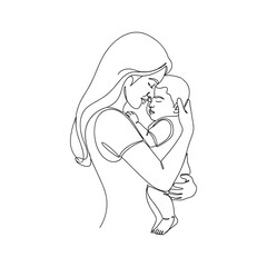 Continuous line art drawing of a mother tenderly embracing her newborn baby, symbolizing love, care and family.