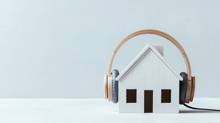 Wooden House Model with Headphones in Minimalist Studio Environment, soundproofing home concept