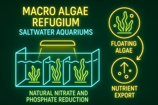 Neon Refugium Infographic with Filtration System for Marine Aquarium Maintenance and Care
