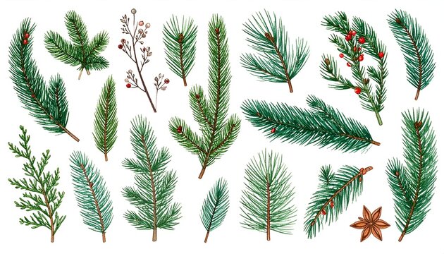 Watercolor botanical set featuring various green fir branches, red berries and an anise star