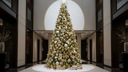 Opulent Christmas Tree Display in Elegant Hotel Lobby.
