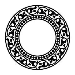 Decorative round frame. Black and white design. Vintage, ethnic vector frame with arabesques EPS. Pattern frame for round surfaces, household utensils, textiles, embroidery. Vector illustration.
