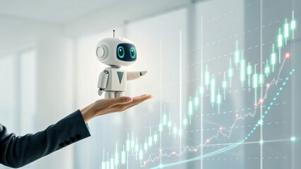 Robot on a hand pointing at a stock market chart with rising trend