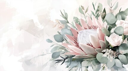 Beautiful and delicate bouquet showcasing a pink king protea amidst lush eucalyptus and roses. Perfect for various celebrations, home decor, or wedding designs