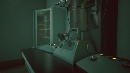 In a dimly lit laboratory, advanced equipment rests on a glossy table. The green walls set a tranquil atmosphere, while the machine hints at complex experiments ahead.