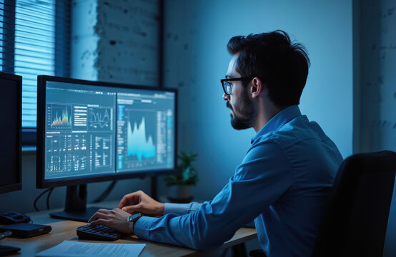 Man works on computer analyzing data graphs on dual screens. Focused IT specialist types on keyboard in dim office. Blue light reflects on glasses and face. Data analysis at desk.