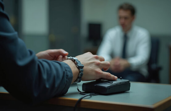 Suspect undergoing polygraph test. Male hand touches lie detector device. Interrogation scene features man in blur. Questioning, truth verification, investigation process in room. Focus on lie