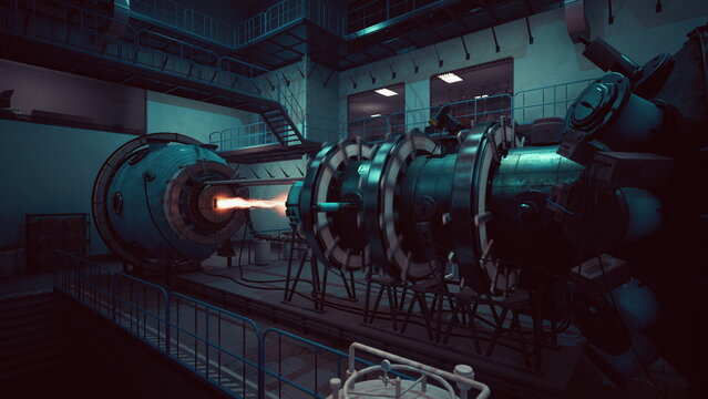 An advanced energy facility features complex machinery in motion. Bright flames erupt from the central reactor, illuminating the industrial space, showcasing cutting edge technology at work.