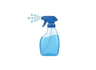 Blue Trigger Spray Bottle Filled with Clear Liquid Spraying Water Droplets Isolated on Transparent Background