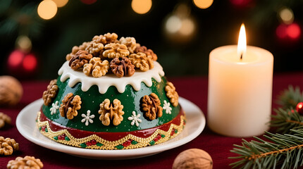 Festive kutya dessert topped with walnuts next to a candle, surrounded by holiday decorations
