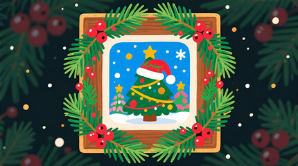Colorful Christmas tree illustration with a festive frame and seasonal decorations
