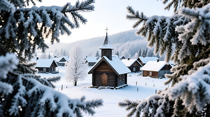 Charming snow-covered village with a wooden church surrounded by frosted trees